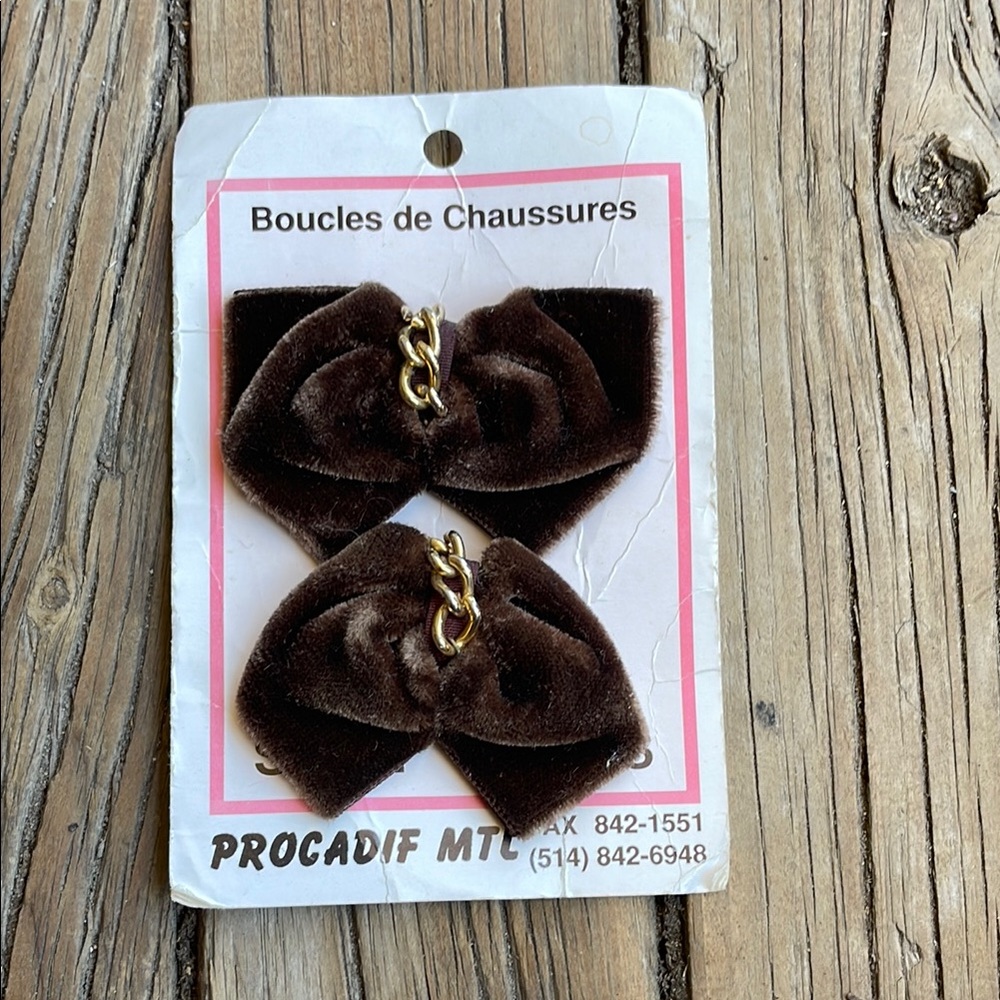 Vintage Brown Velvet Shoe Bows with Gold Chain made in Canada